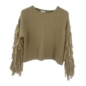&merci Fringed Cropped Long Sleeve Knit Crew Neck Tan Oversized Sweater L